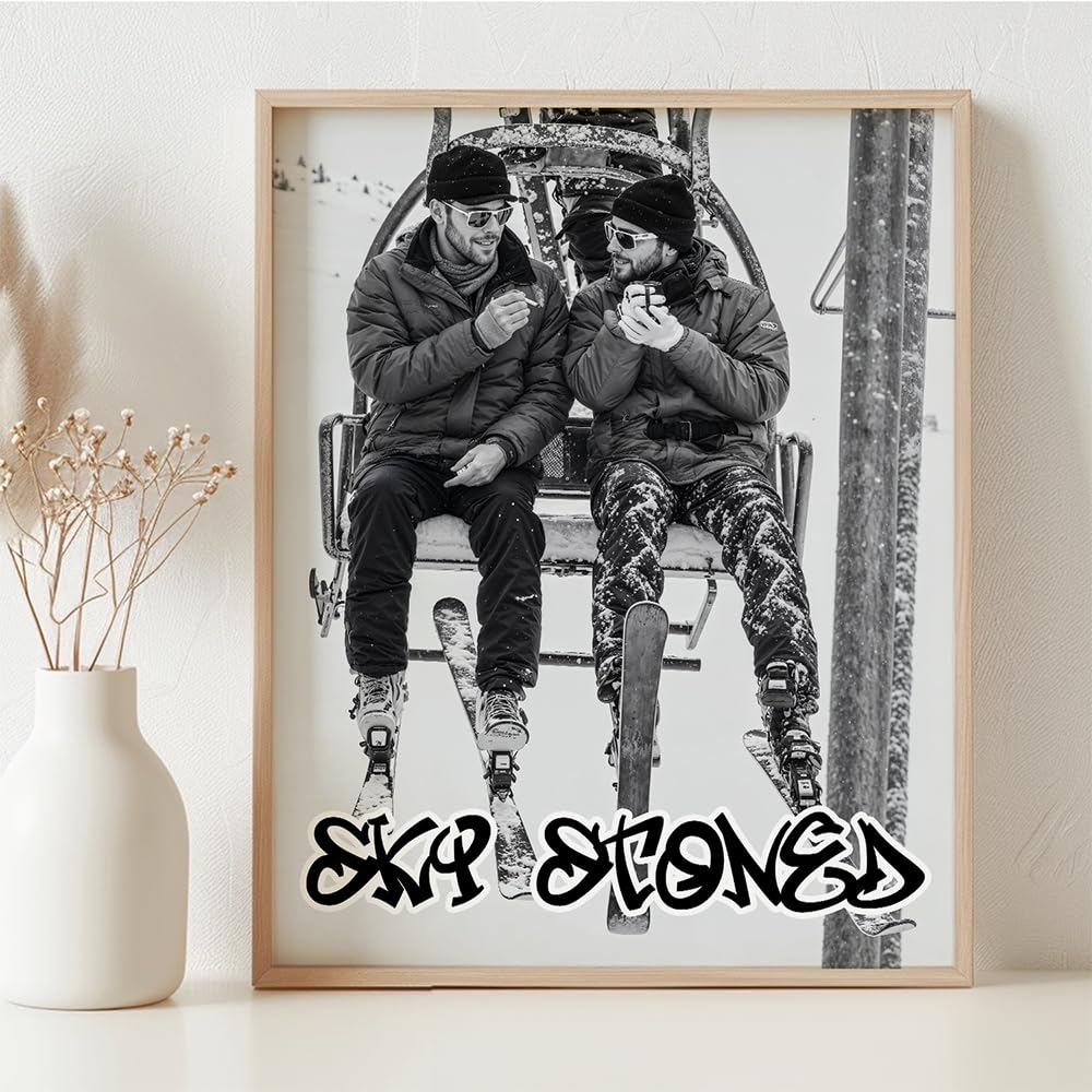 Stoner Ski Art 11x14 Framed Print - Funny Skiing Poster With Cannabis Lifestyle Art, Ski Stoned Poster, Weed And Skiing Poster, Snowboard Art Print For Alpine Resorts, Ski Lodges & Mountain Resorts