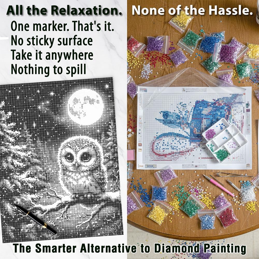 On The Dot Art Dot Painting Kit for Adults Moonlight Guardian Owl 13x17 Canvas with Dual Tip Marker Easier Alternative to Diamond Painting No Tiny Pieces No Mess Relaxing Gift