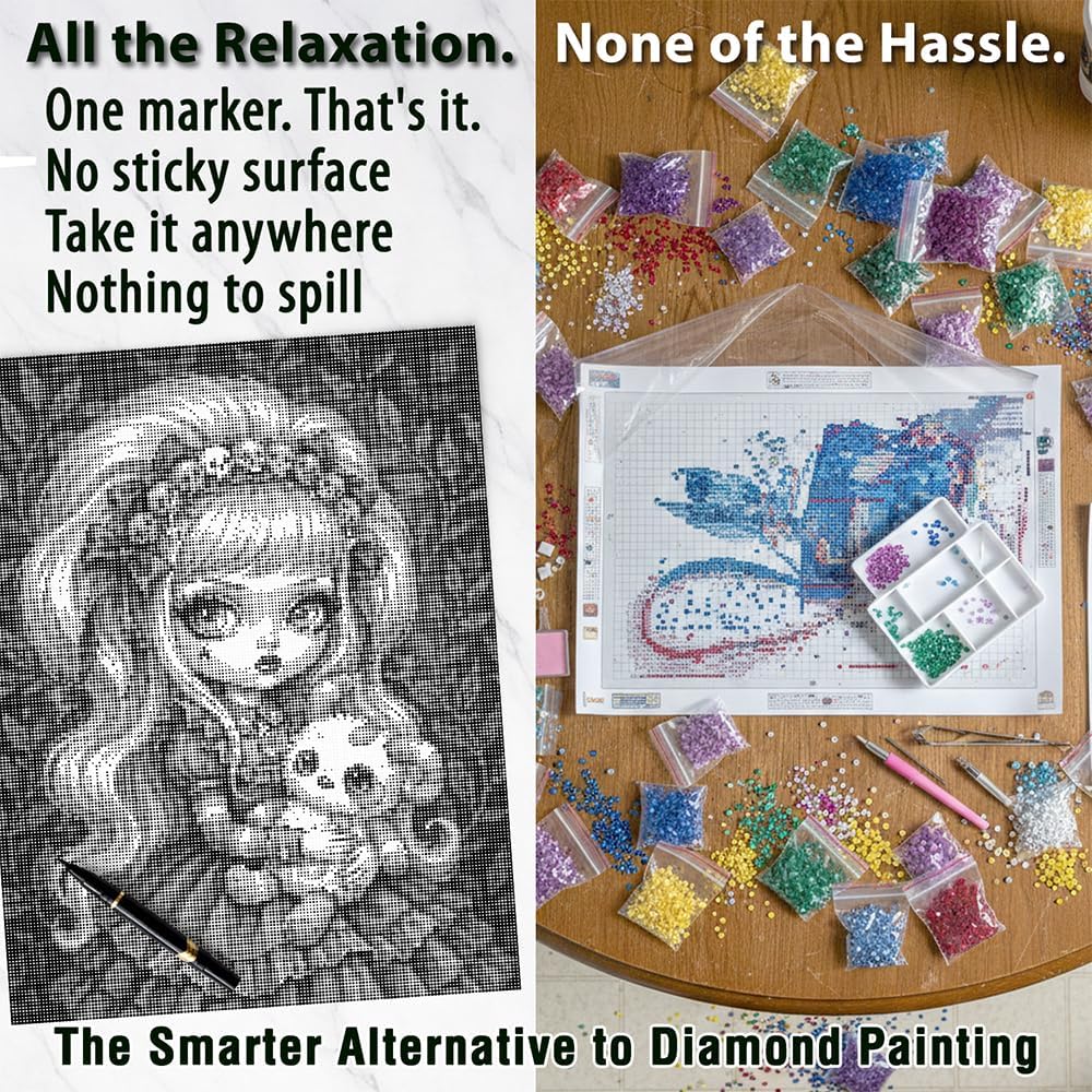 On The Dot Art - Painting Kit for Adults|The Little Monster Gothic Doll Girl 13x17 Canvas w/Dual Tip Marker|Relaxing Alternative to Diamond Painting|No Tiny Pcs No Mess Dark Aesthetic Frameable Gift