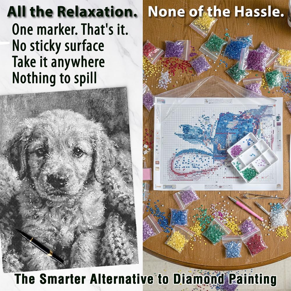 On The Dot Art Dot Painting Kit for Adults Puppy Love at First Sight 13x17 Canvas with Dual Tip Marker Easier Alternative to Diamond Painting No Tiny Pieces No Mess Gift for Dog Lovers