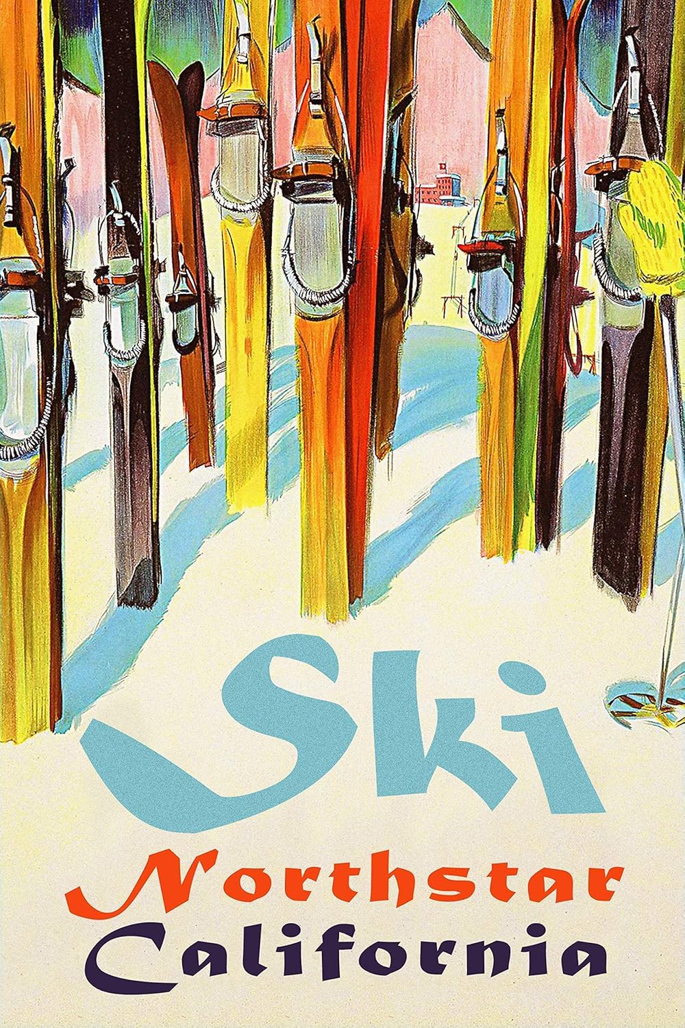 Personalized Ski Art Painting 11x14 Framed Poster – Retro Ski Resort Wall Decor, Lake Tahoe Chalet & Lodge Artwork, Mid-Century Sports Skiing, Rustic Wooden Skis & Snow Landscape