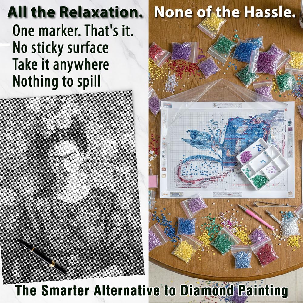 On The Dot Art—Dot Painting Kit for Adults| Frida Inspired in Bloom 13x17 Canvas with Dual Tip Marker | Relaxing Floral Portrait Art Activity Alternative to Diamond Painting Unofficial Fan Design Gift
