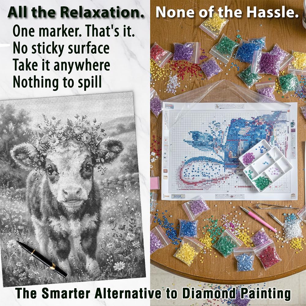 On The Dot Art Dot Painting Kit for Adults Sweet Pea Baby Cow Calf 13x17 Canvas with Dual Tip Marker Relaxing Farm Animal Art Activity Alternative to Diamond Painting No Mess Frameable Wall Decor Gift