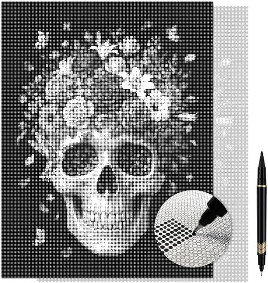 On The Dot Art Dot Painting Kit for Adults | Flora Mortis Floral Skull 13x17 Canvas with Dual Tip Marker | Gothic Art Activity Alternative to Diamond Painting | No Tiny Pieces No Mess Frameable Decor