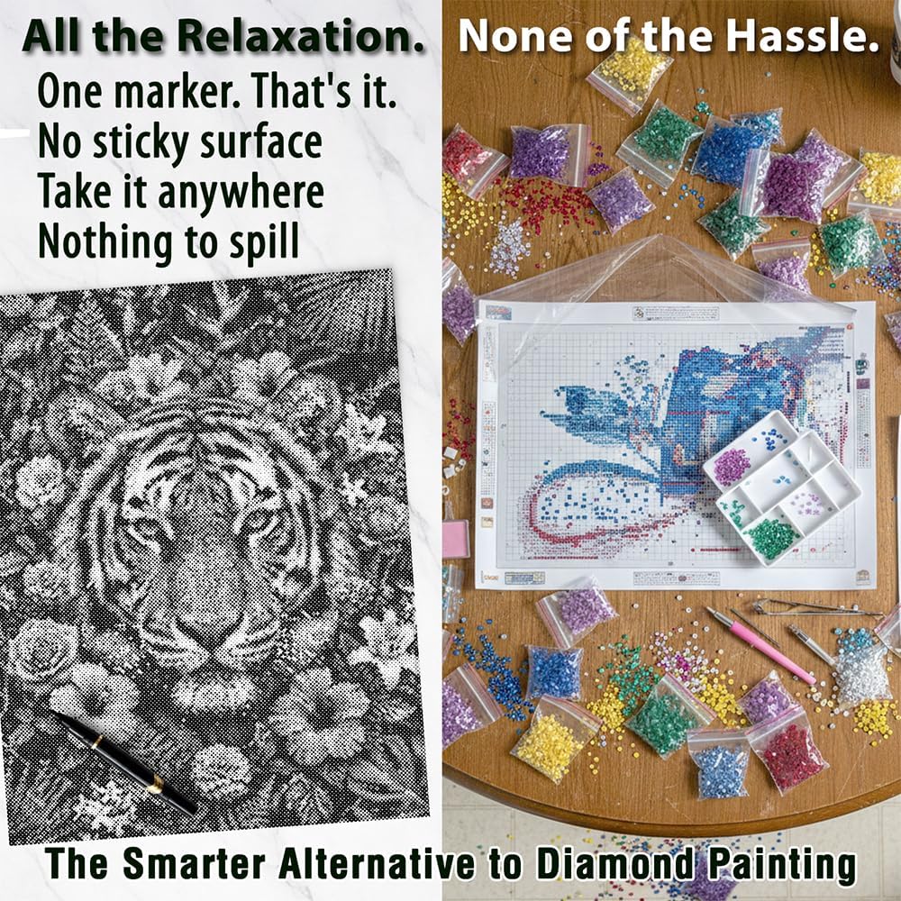 On The Dot Art — Dot Painting Kit for Adults | Savage Bloom Tiger 13x17 Canvas with Dual Tip Marker | Relaxing Art Activity Alternative to Diamond Painting | No Tiny Pieces No Mess Frameable Gift