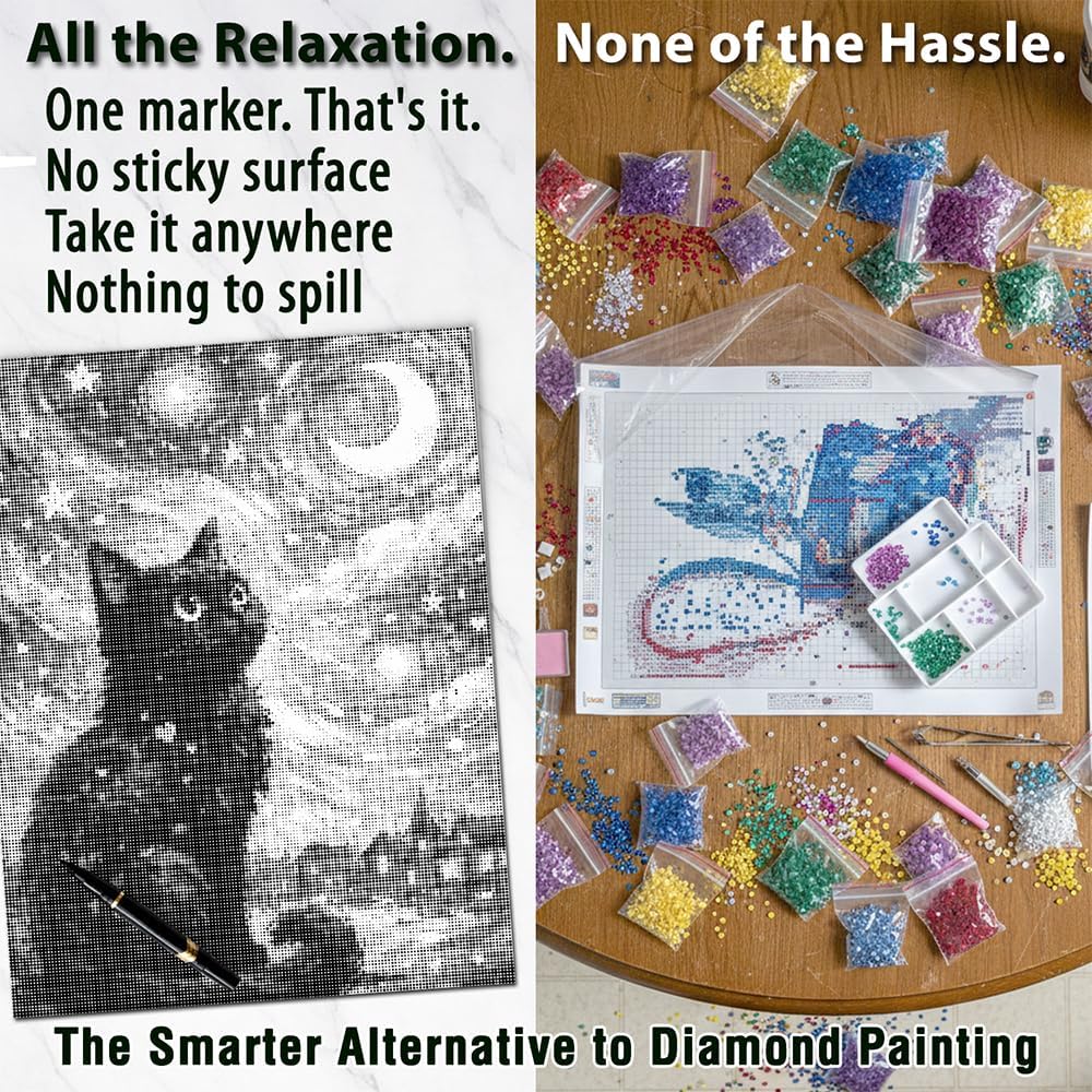 On The Dot Art—Dot Painting Kit for Adults|Starry, Starry Gato Black Cat & Moon 13x17 Canvas w/Dual-Tip Marker|Relaxing Art Activity Alternative to Diamond Painting|No Tiny Pieces,No Mess Great Gift