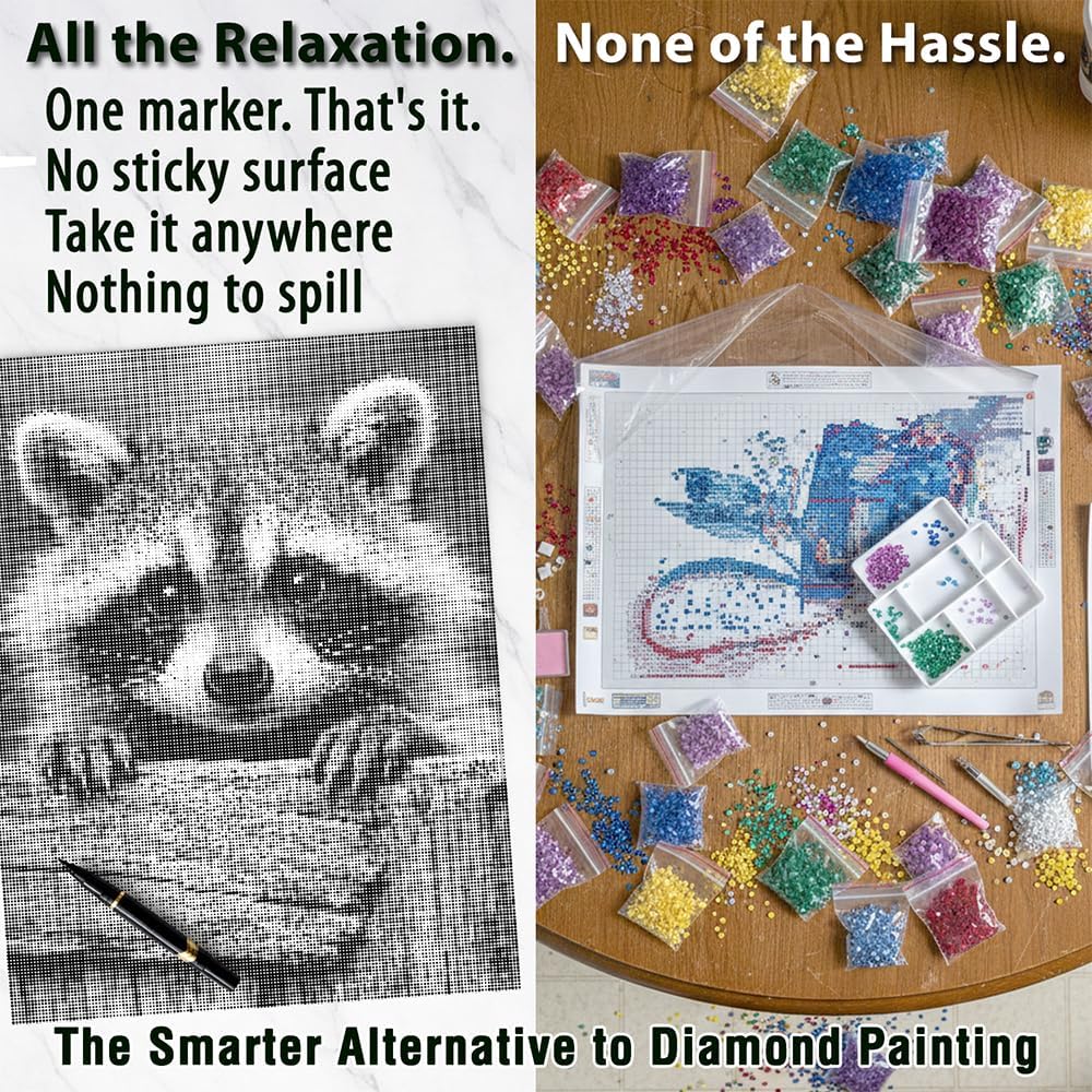 On The Dot Art — Dot Painting Kit for Adults | Raccoon Rascal 13x17 Canvas with Dual-Tip Marker | Relaxing Art Activity, Easier Alternative to Diamond Painting | No Tiny Pieces, No Mess | Great Gift