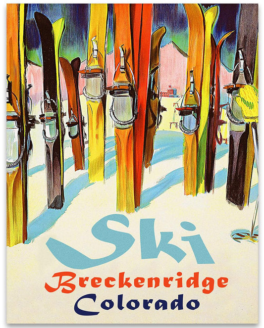 Personalized Ski Art Painting 11x14 Unframed Poster – Retro Ski Resort Wall Decor, Lake Tahoe Chalet & Lodge Artwork, Mid-Century Sports Skiing, Rustic Wooden Skis & Snow Landscape