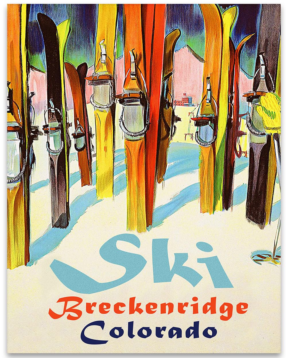 Personalized Ski Art Painting 11x14 Framed Poster – Retro Ski Resort Wall Decor, Lake Tahoe Chalet & Lodge Artwork, Mid-Century Sports Skiing, Rustic Wooden Skis & Snow Landscape