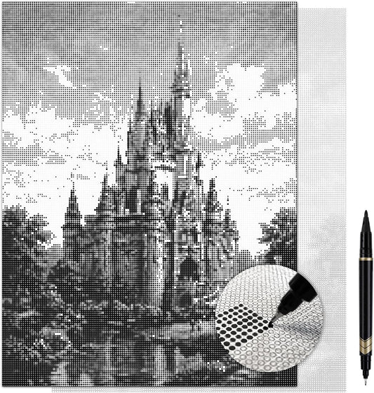 On The Dot Art Dot Painting Kit for Adults|The Magic Castle 13x17 Canvas with Dual Tip Marker|Activity Alternative to Diamond Painting| No Tiny Pieces No Mess Medieval Kingdom Storybook Frameable Gift