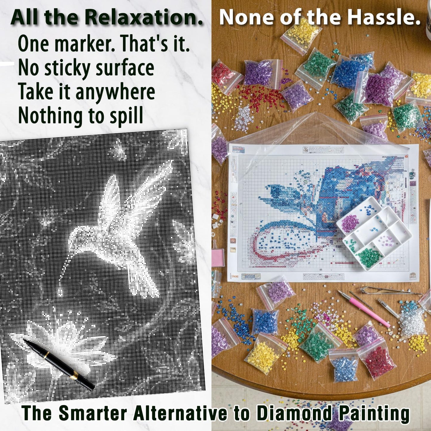 On The Dot Art Dot Painting Kit for Adults | Midnight Gleam Hummingbird 13x17 Canvas w/Dual Tip Marker | Relaxing Alternative to Diamond Painting | No Tiny Pieces No Mess Garden Lover Frameable Gift