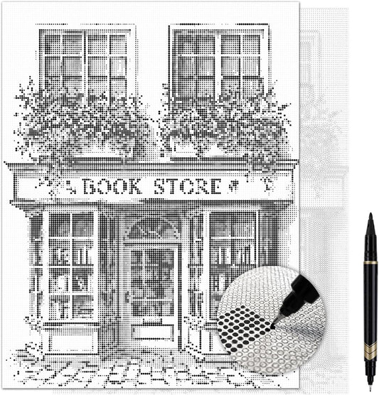 On The Dot Art Dot Painting Kit for Adults | Books & Blooms Vintage Bookstore 13x17 Canvas w/Dual Tip Marker|Alternative to Diamond Painting|No Tiny Pcs No Mess Cozy Library Book Lover Frameable Gift