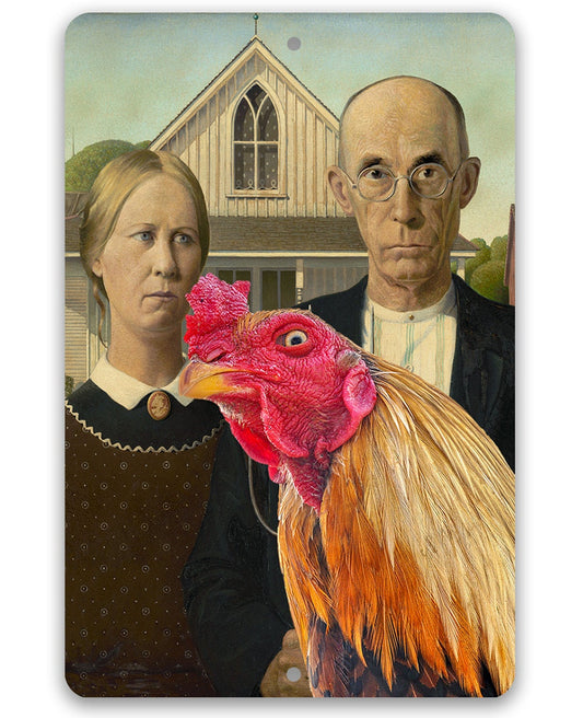 American Gothic Painting - Interrupted by Rooster - Metal Sign Metal Sign Lone Star Art