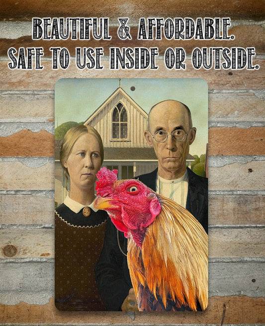 American Gothic Painting - Interrupted by Rooster - Metal Sign Metal Sign Lone Star Art