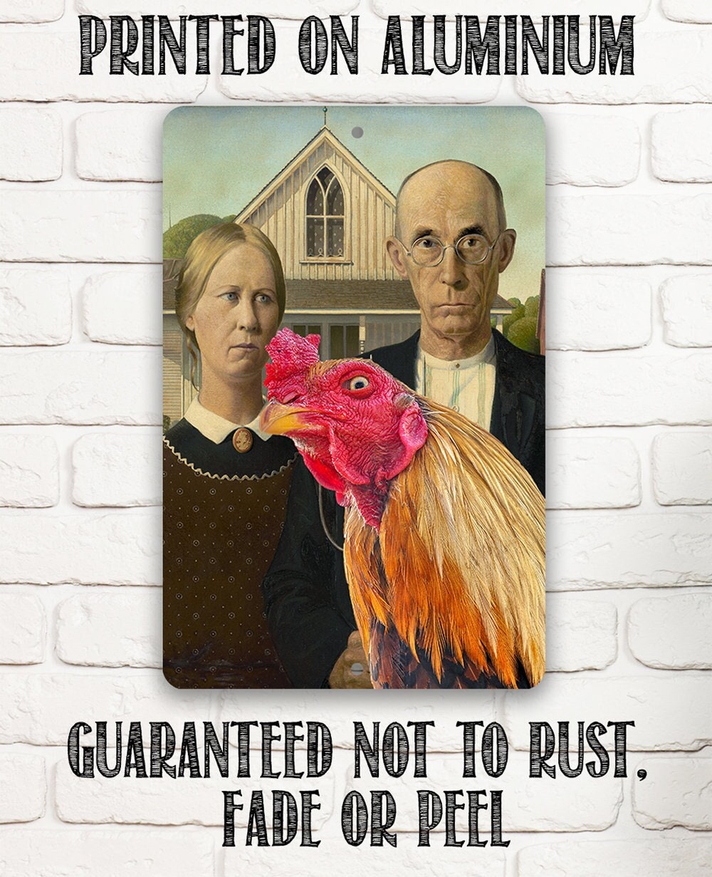 American Gothic Painting - Interrupted by Rooster - Metal Sign Metal Sign Lone Star Art 