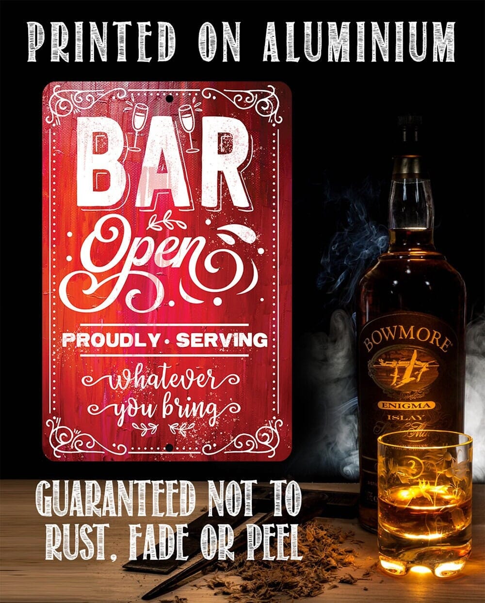 Bar Open, Proudly Serving Whatever You Bring Sign - 8" x 12" or 12" x 18" Aluminum Tin Awesome Metal Poster Lone Star Art 