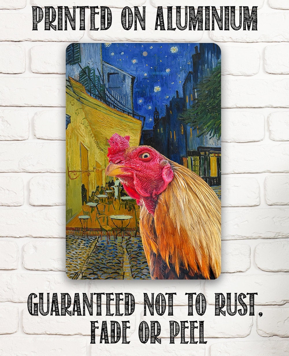 Café Terrace at Night Painting - Interrupted by Rooster - Metal Sign Metal Sign Lone Star Art 