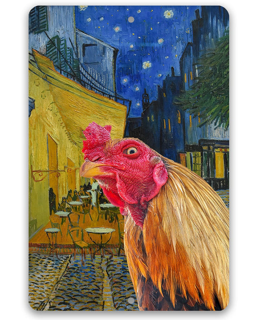 Café Terrace at Night Painting - Interrupted by Rooster - Metal Sign Metal Sign Lone Star Art