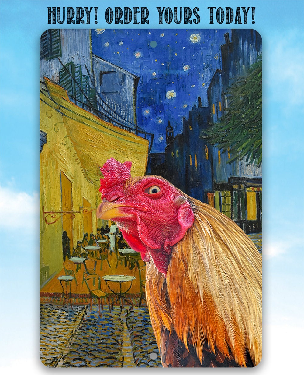 Café Terrace at Night Painting - Interrupted by Rooster - Metal Sign Metal Sign Lone Star Art 