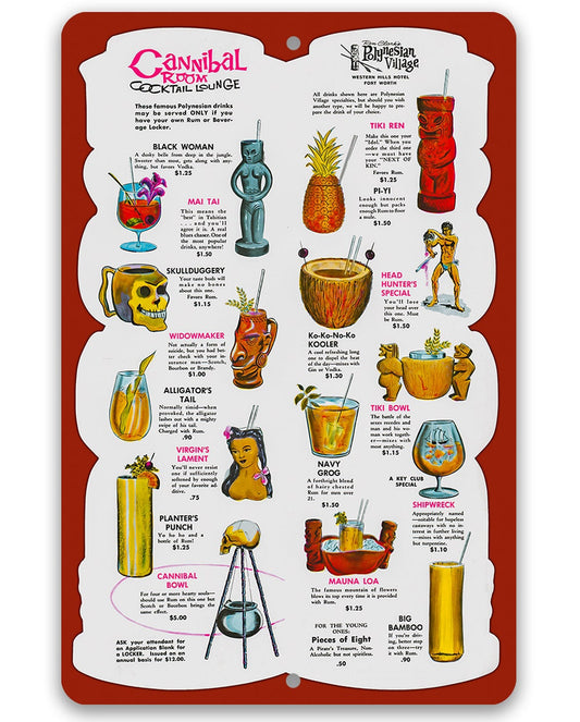 Cannibal Room Cocktail Lounge Drink Menu - Metal Sign Metal Sign Lone Star Art