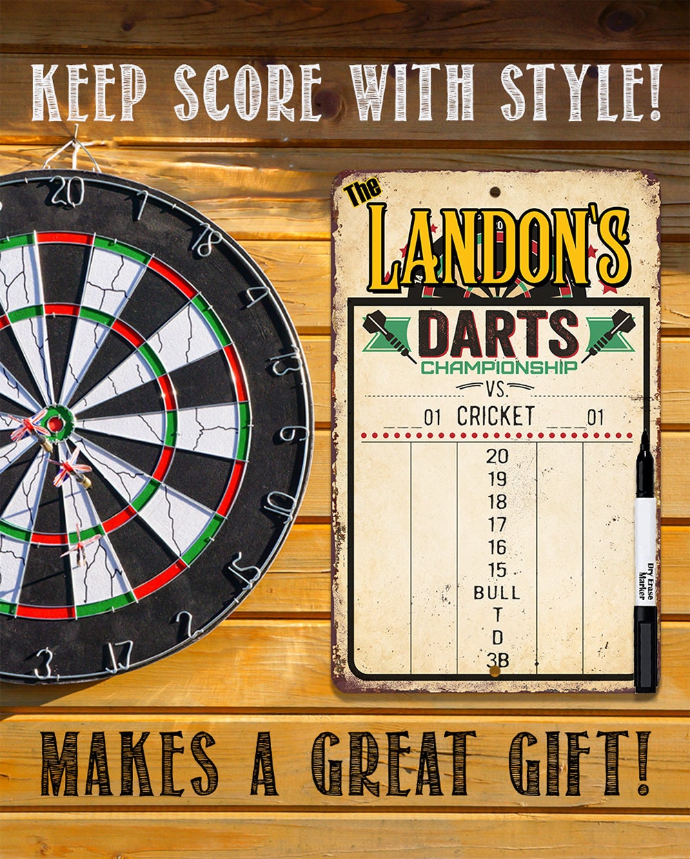 Dart Scoreboard Dry Erase for Keeping Score in All Cricket Games, 301 or 501 - Magnetic Dry Erase Marker with Eraser - Great Looking Darts Lone Star Art 
