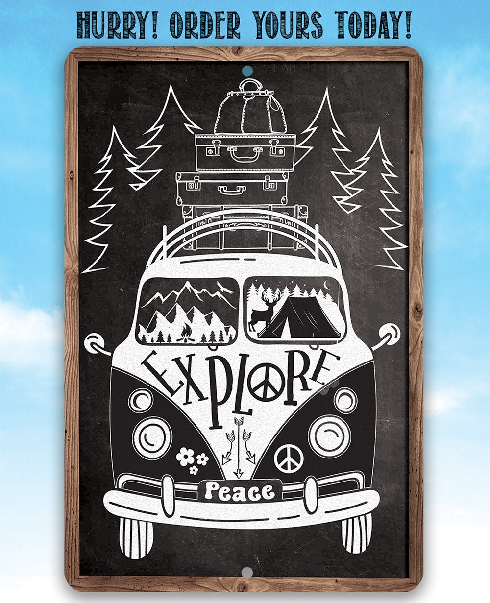 Explore in a Volkswagen, Peace - 8" x 12" or 12" x 18" Aluminum Tin Awesome Metal Poster Lone Star Art 