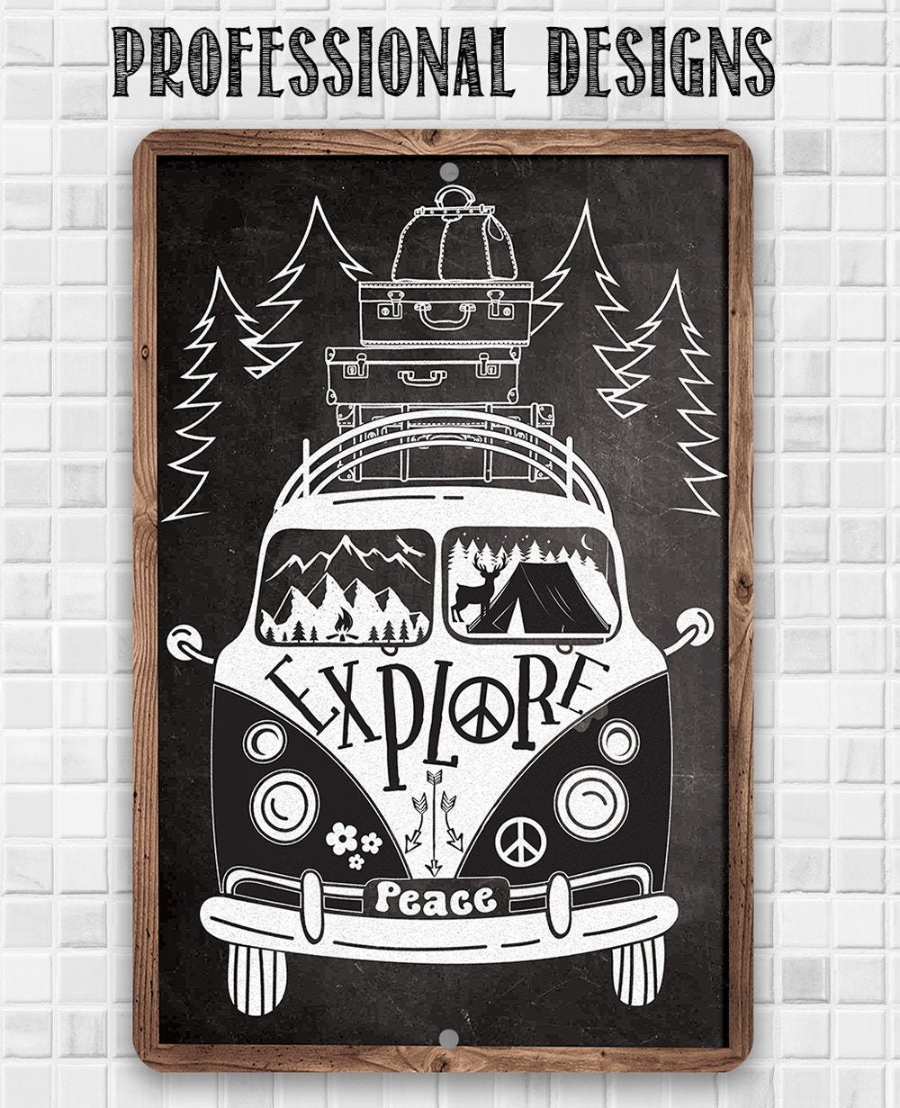 Explore in a Volkswagen, Peace - 8" x 12" or 12" x 18" Aluminum Tin Awesome Metal Poster Lone Star Art 