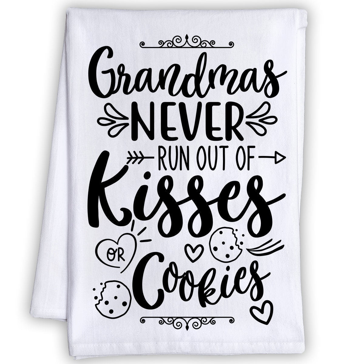 Funny Kitchen Tea Towels - Grandmas Never Run Out of Kisses or Cookies - Humorous Fun Sayings - Cute Housewarming Gift/Fun Home Decor Lone Star Art 