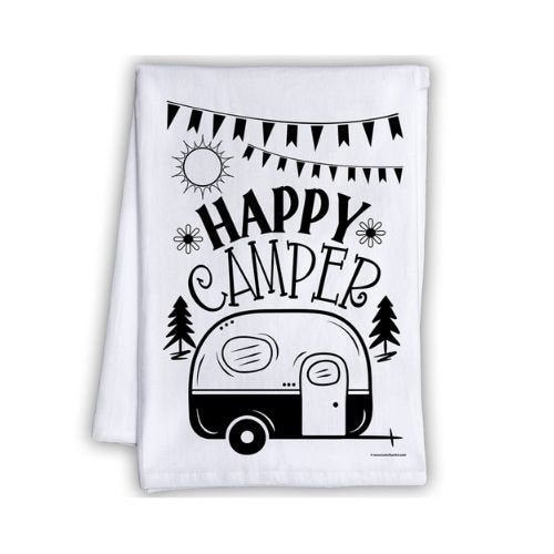 Funny Kitchen Tea Towels - Happy Camper - Humorous Flour Sack Dish Towel-Cloth and Housewarming Host Gift for Hikers and Outdoor Enthusiasts Lone Star Art 