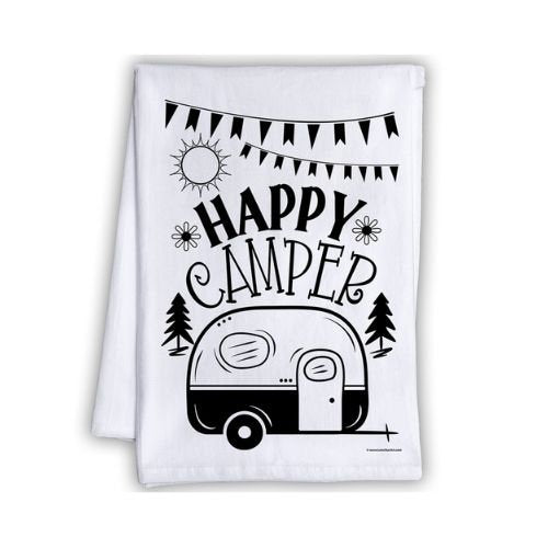 Funny Kitchen Tea Towels - Happy Camper - Humorous Flour Sack Dish Towel-Cloth and Housewarming Host Gift for Hikers and Outdoor Enthusiasts Lone Star Art