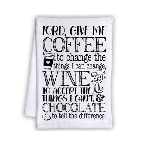 Funny Kitchen Tea Towels -Lord Give Me Coffee,Wine, and Chocolate - Humorous Flour Sack Dish Towel - Great Housewarming Gift & Kitchen Decor Lone Star Art 