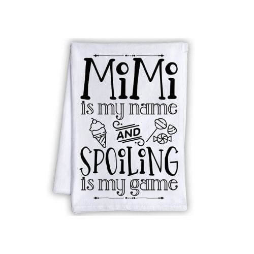 Funny Kitchen Tea Towels - Mimi is My Name and Spoiling is My Game - Humorous Fun Sayings - Cute Housewarming Gift/Fun Home Decor Lone Star Art 