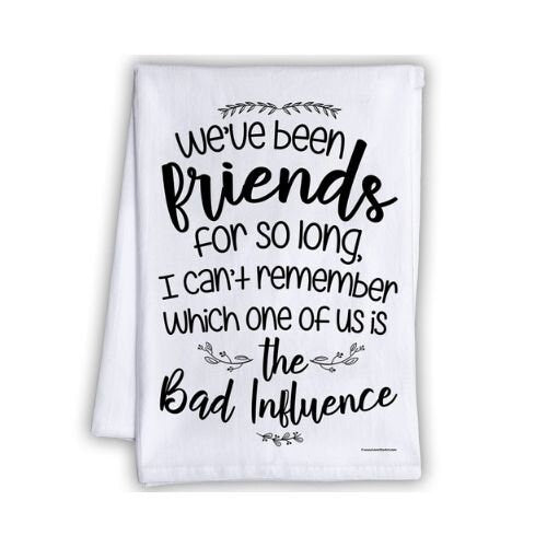 Funny Kitchen Tea Towels -We've Been Friends For So Long, Can't Remember Which One is the Bad Influence-Humorous Flour Sack Dish Towel-Gift Lone Star Art 