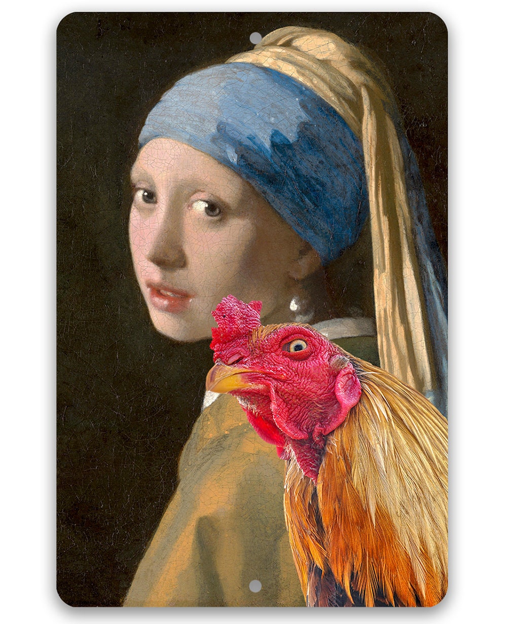 Girl with a Pearl Earring Painting - Interrupted Rooster - Metal Sign Metal Sign Lone Star Art 