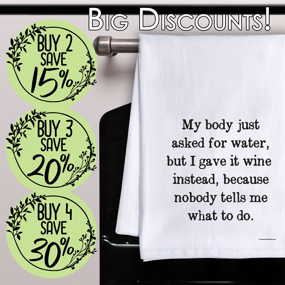 Wine Themed Kitchen Tea Towels - Decorative Dish with Sayings, Funny Housewarming Kitchen Gifts- Gifts for Women (Body Just Asked For Water)