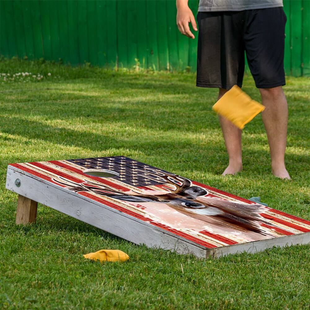 Cornhole Wraps for Boards Vinyl Decals Set of 2 Deer and American Flag - 25+ Designs Corn Hole Bean Bag Toss Wrap Skins Boards Not Included