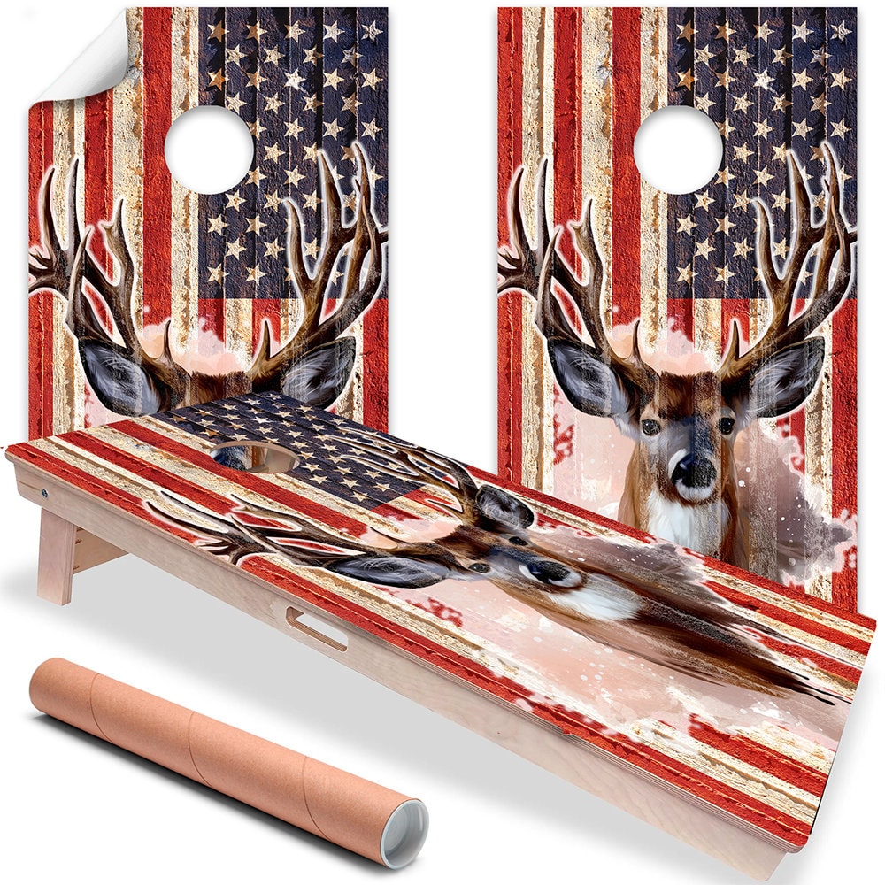 Cornhole Wraps for Boards Vinyl Decals Set of 2 Deer and American Flag - 25+ Designs Corn Hole Bean Bag Toss Wrap Skins Boards Not Included