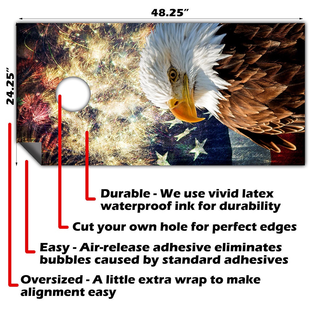 Cornhole Wrap for Board Vinyl Decals (Set of 2) - 25+ Designs Corn Hole Bean Bag Toss Wrap Stickers Boards Not Included Eagle Flag Fireworks