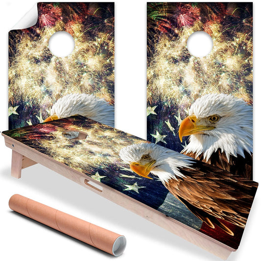 Cornhole Wrap for Board Vinyl Decals (Set of 2) - 25+ Designs Corn Hole Bean Bag Toss Wrap Stickers Boards Not Included Eagle Flag Fireworks