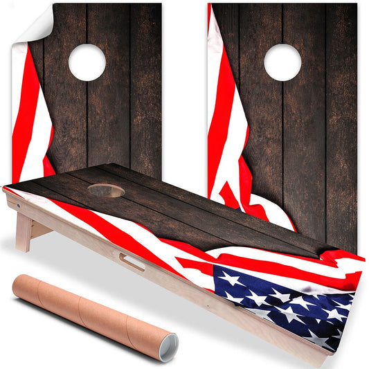 Cornhole Wraps for Boards Vinyl Decals Set of 2-25+ Designs Corn Hole Bean Bag Toss Wrap Stickers Skins Board Not Included Flag on Dark Wood