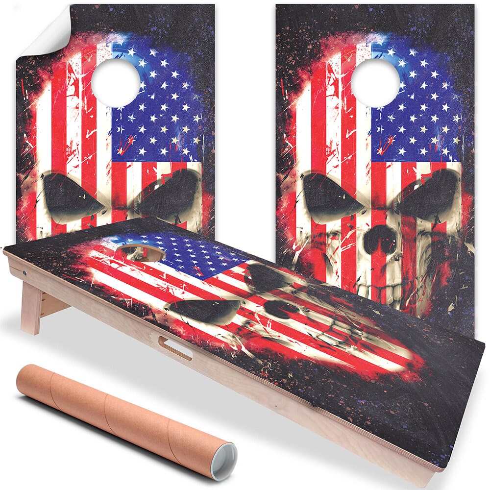 Cornhole Wraps for Boards Vinyl Decals (Set of 2) - 25+ Corn Hole Bean Bag Toss Wrap Stickers Skins (Boards Not Included) (Flag Skull)