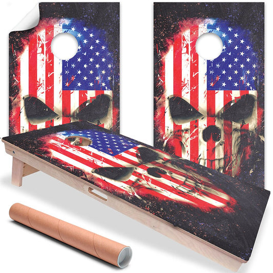 Cornhole Wraps for Boards Vinyl Decals (Set of 2) - 25+ Corn Hole Bean Bag Toss Wrap Stickers Skins (Boards Not Included) (Flag Skull)