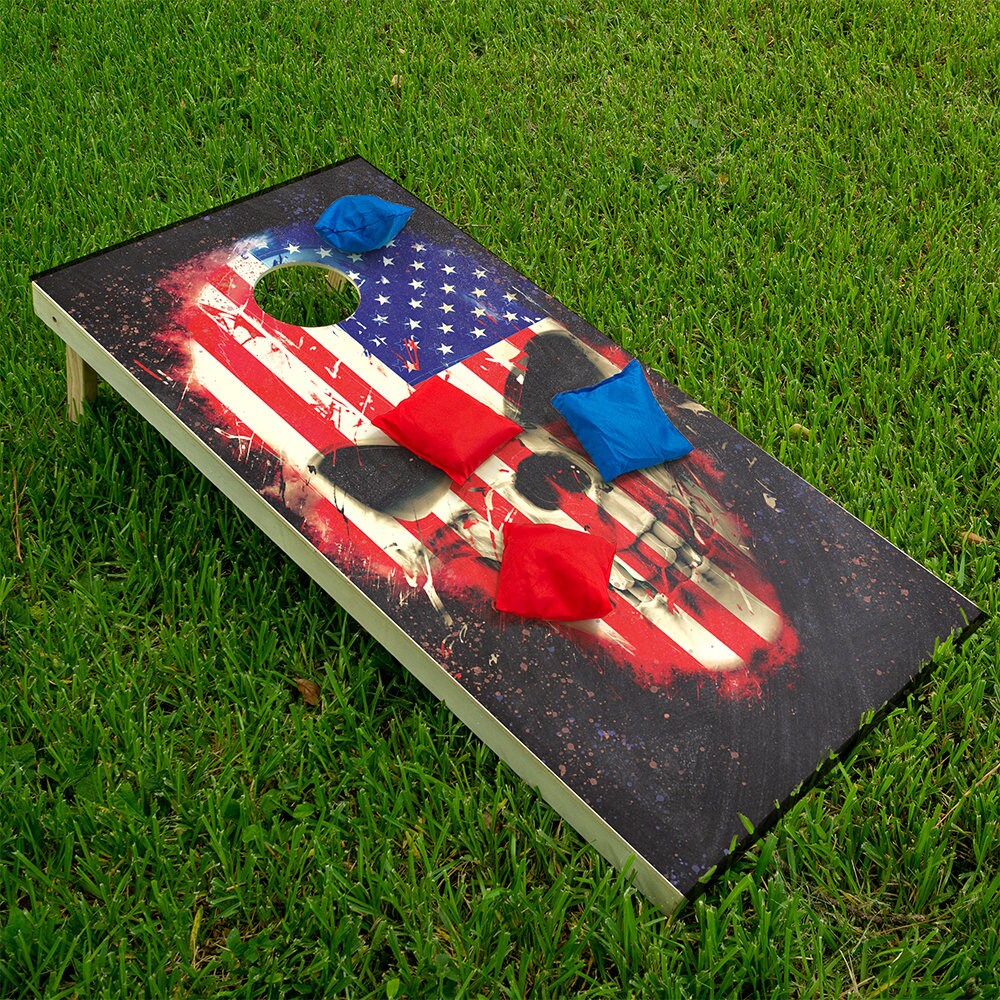 Cornhole Wraps for Boards Vinyl Decals (Set of 2) - 25+ Corn Hole Bean Bag Toss Wrap Stickers Skins (Boards Not Included) (Flag Skull)