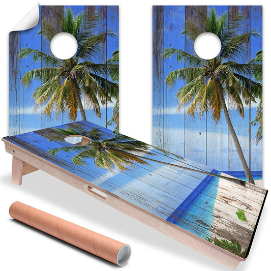 Cornhole Wraps for Boards Vinyl Decals Set of 2 Sand and Blue Sky - 25+ Designs Corn Hole Bean Bag Toss Stickers Skins Boards Not Included