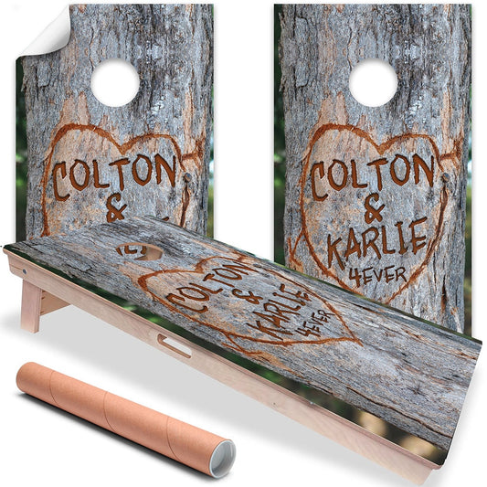 Personalized - Cornhole Wraps for Boards Vinyl Decals (Set of 2) Carved Tree heart - Bean Bag Toss Wrap Stickers Skins (Boards Not Included)