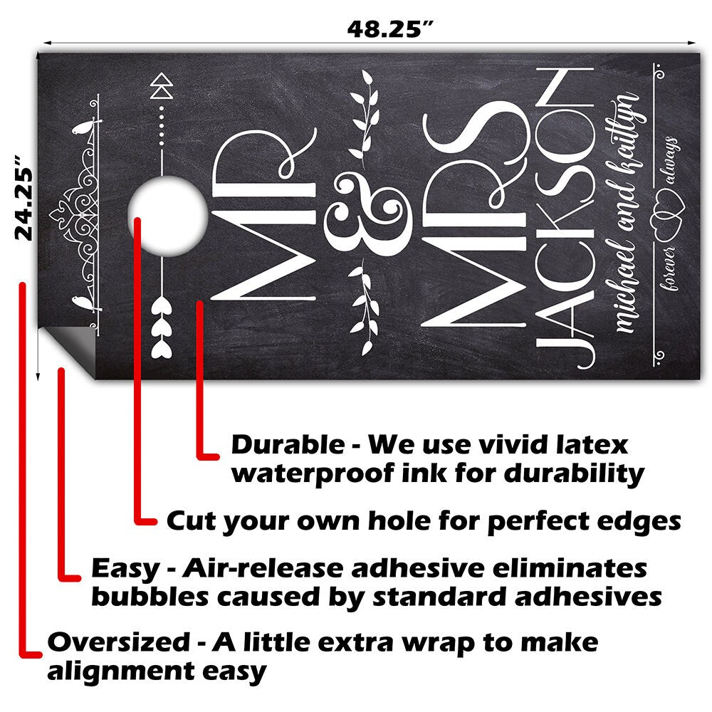 Personalized - Cornhole Wraps for Boards Vinyl Decals (Set of 2) Mr & Mrs - Wedding -Bean Bag Toss Wrap Stickers Skins (Boards Not Included)