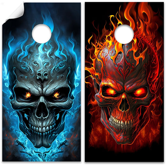 Cornhole Board Wraps and Decals for Boards Set of 2 Skins Professional Vinyl Covers Sticker - Flaming Skull Gothic Art Tailgating Decal