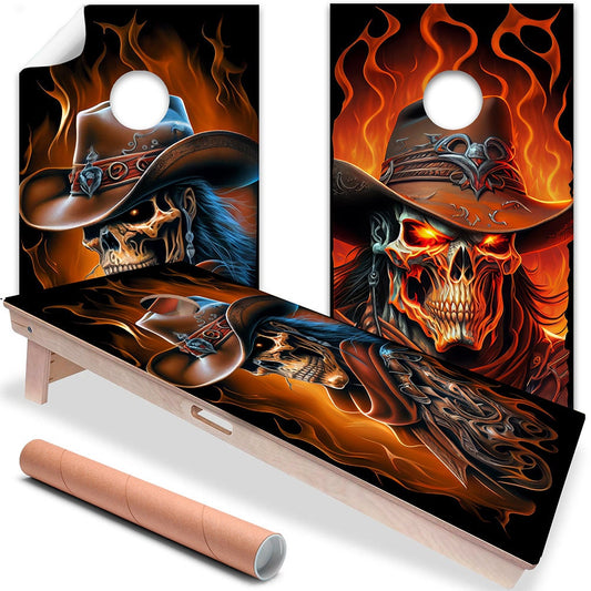 Cornhole Board Wraps and Decals for Boards Set of 2 Skins Professional Vinyl Covers Sticker - Ghost Cowboys Skull Gothic Tailgating Decal