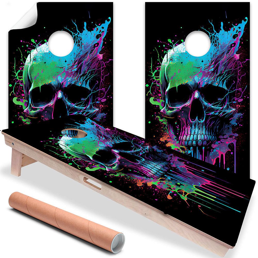 Cornhole Board Wraps and Decals for Boards Set of 2 Skins Professional Vinyl Covers Sticker - Neon Splatter Paint Skull Gothic Art Decal