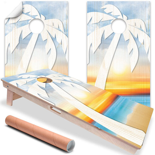 Cornhole Board Wraps and Decal for Board Set of 2 Skins Professional Vinyl Covers Sticker - Palm on Beach, Summer Vacation Lakehouse Decal